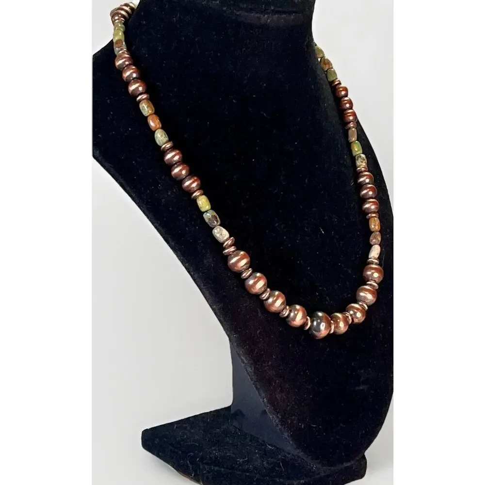 Royston Turquoise Oxidized Copper Desert Pearl 16” Southwestern Beaded Necklace - Picture 3 of 13